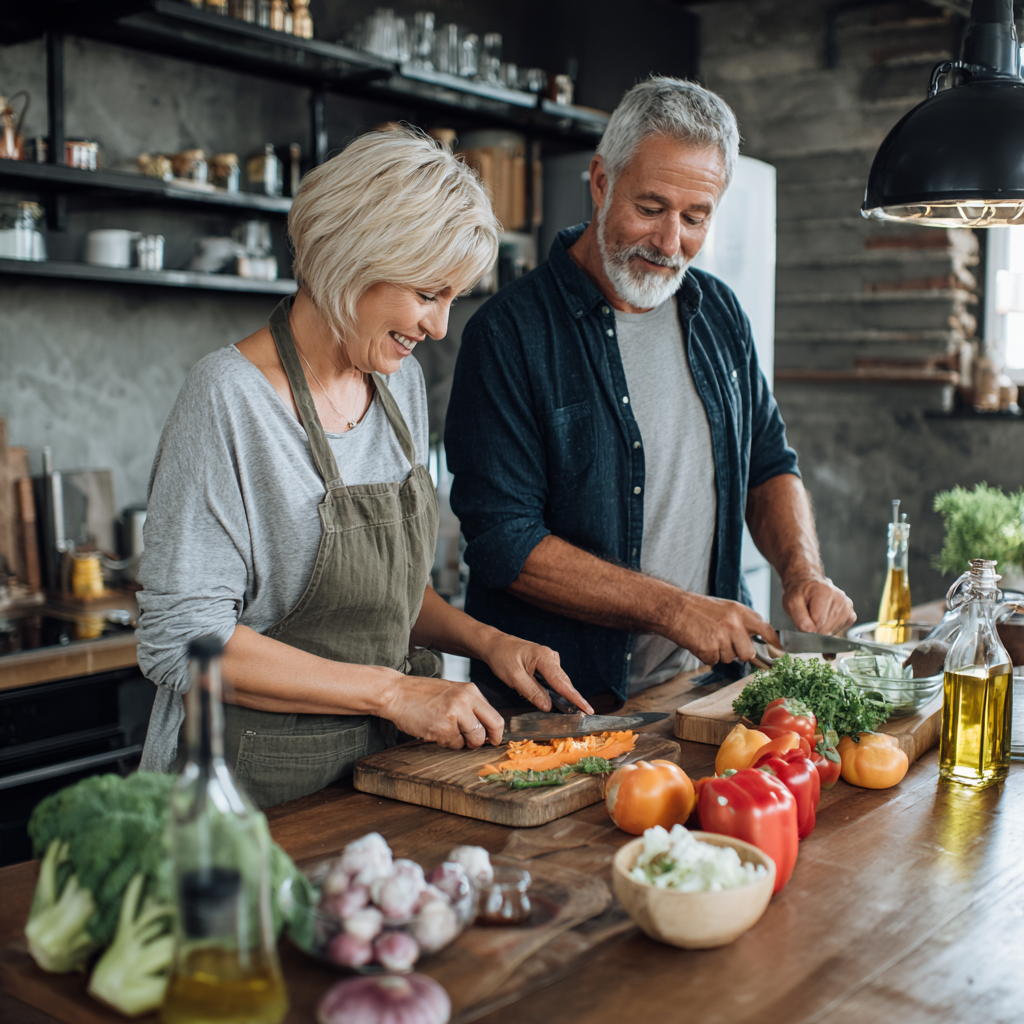 middle aged nutritionist consulting with mature adult client about healthy meal planning